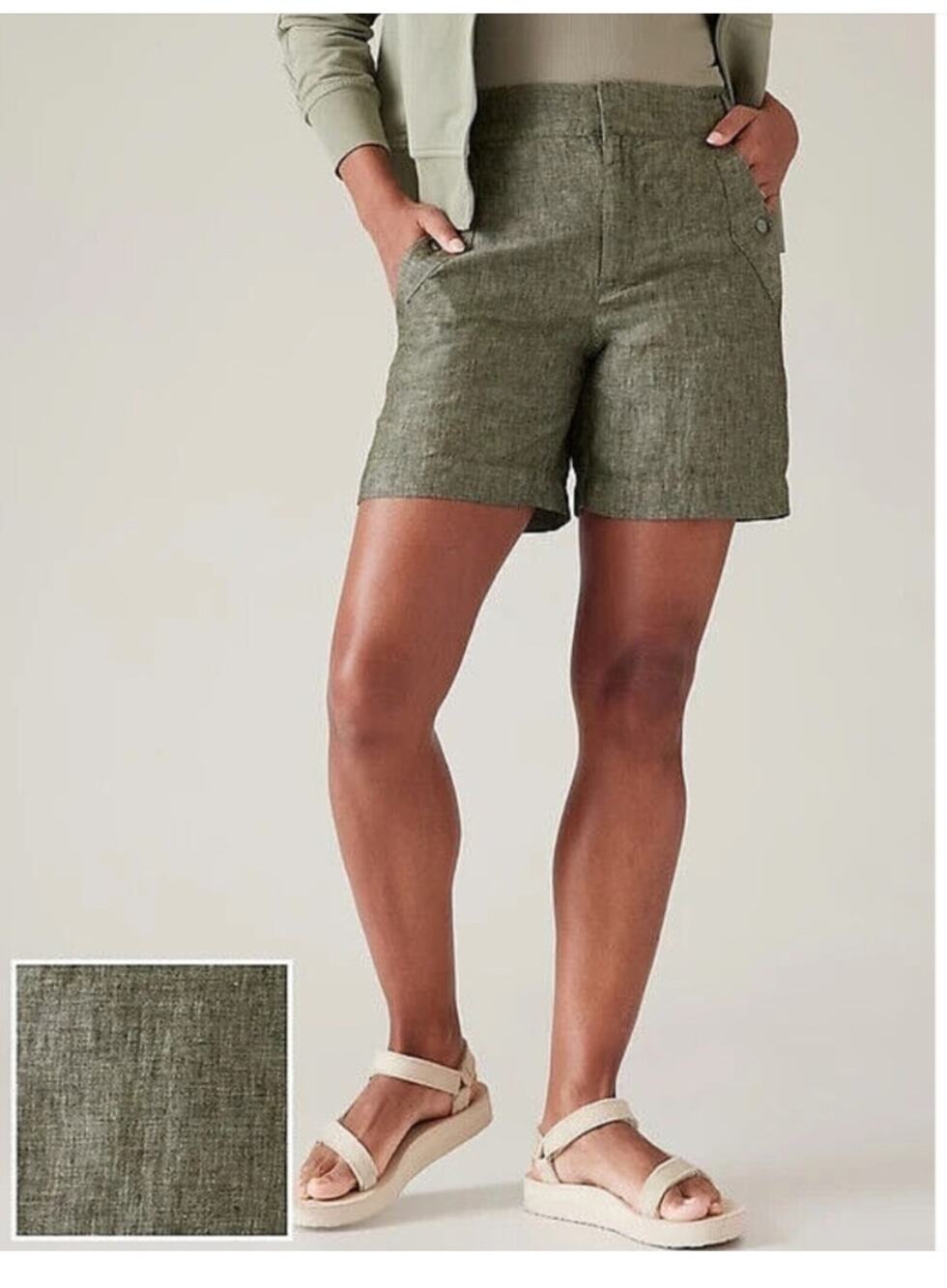 Athleta Voyager Linen Shorts Aspen Olive Green 10